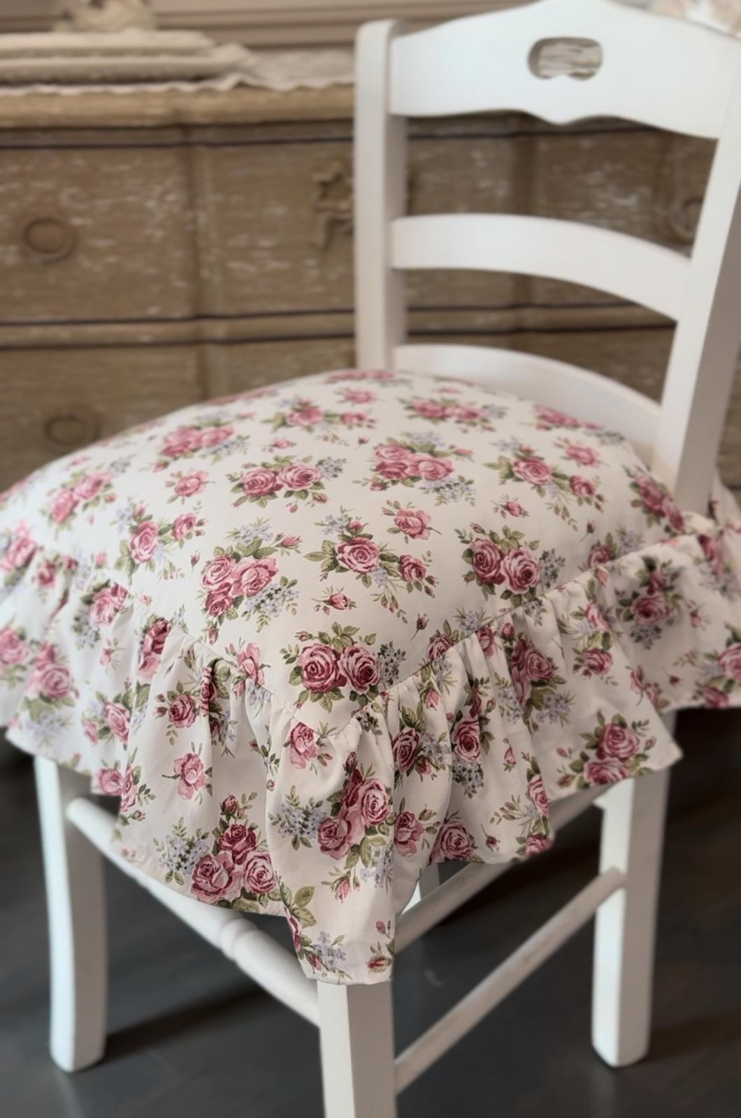 Cuscino da sedia sartoriale in panama c/roselline - 3 varianti - 45x45cm+ balza 15 cm - Fiorentino Home